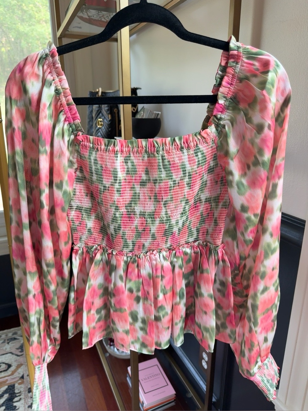 Rachel Parcell Pink Green Floral Smocked Peplum Blouse Size Small NWOT